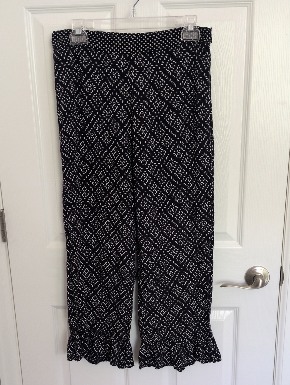 MNG Casual Navy Blue & White Ruffled Hem Lightweight Pants - S